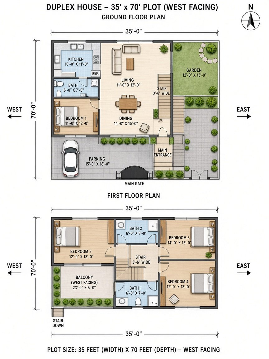 35 by 70 west duplex floor plan